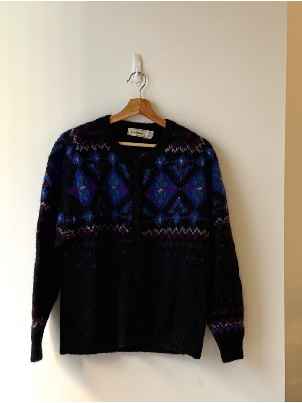 L.L. Bean Black Wool Cardigan with Blue and Purple Accents, Size Large
